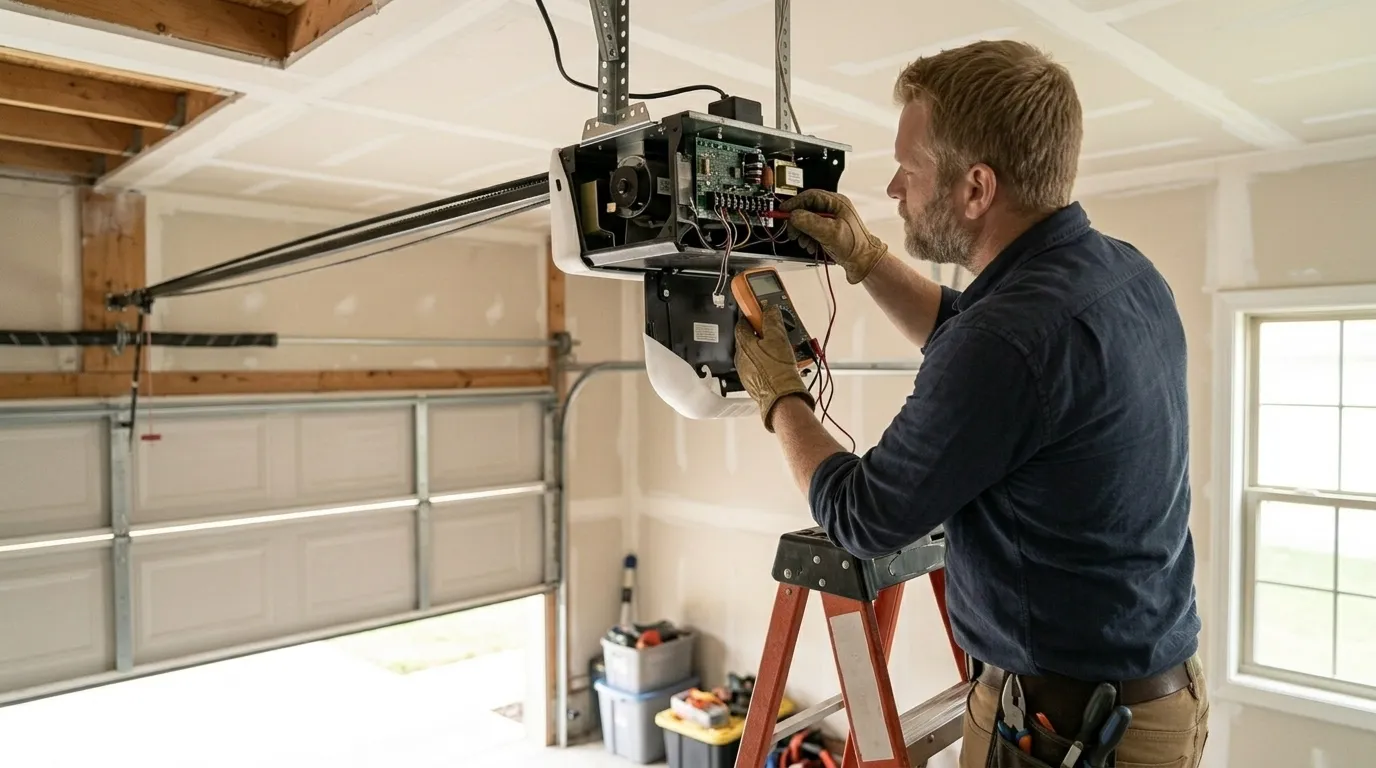 Garage door technician repairing a residential garage door in Fenton Michigan