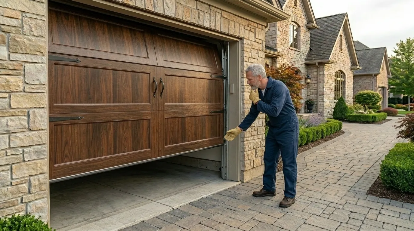 Garage door technician inspecting springs rollers tracks and opener in Fenton Michigan